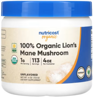 100% органический гриб львиная грива, ежовик гребенчатый, Lion's Mane, Nutricost, без добавок, 113 г