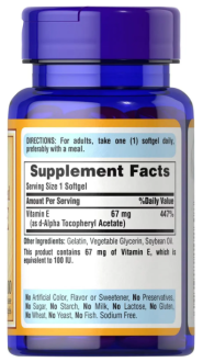 Витамин Е, Natural Vitamin E, Puritan's Pride, 67 мг (100 МЕ), 100% натурального происхождения, 100 гелевых капсул