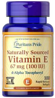 Витамин Е, Natural Vitamin E, Puritan's Pride, 67 мг (100 МЕ), 100% натурального происхождения, 100 гелевых капсул