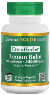 Экстракт Мелиссы, EuroHerbs, Lemon Balm Extract, California Gold Nutrition, европейское качество, 500 мг, 60