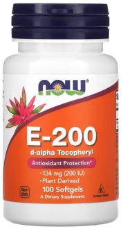 Витамин E (в виде d-альфа-токоферилацетата), E-200, 134 мг (200 МЕ), NOW Foods, 100 мягких таблеток