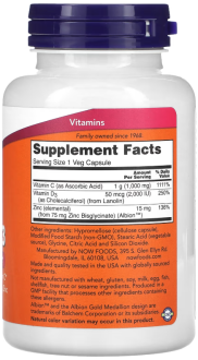 Цинк C-1000 и D-3, NOW Foods, 100 растительных капсул