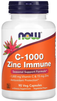 C-1000 с цинком для укрепления иммунитета, витамин C, 1000 мг и цинк, 15 мг, NOW Foods, 90 вегетарианских капсул