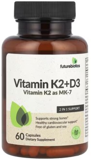 Витамины K2 + D3 с витамином K2 в виде MK-7, (5000 МЕ + 90 мкг), Futurebiotics, 60 капсул